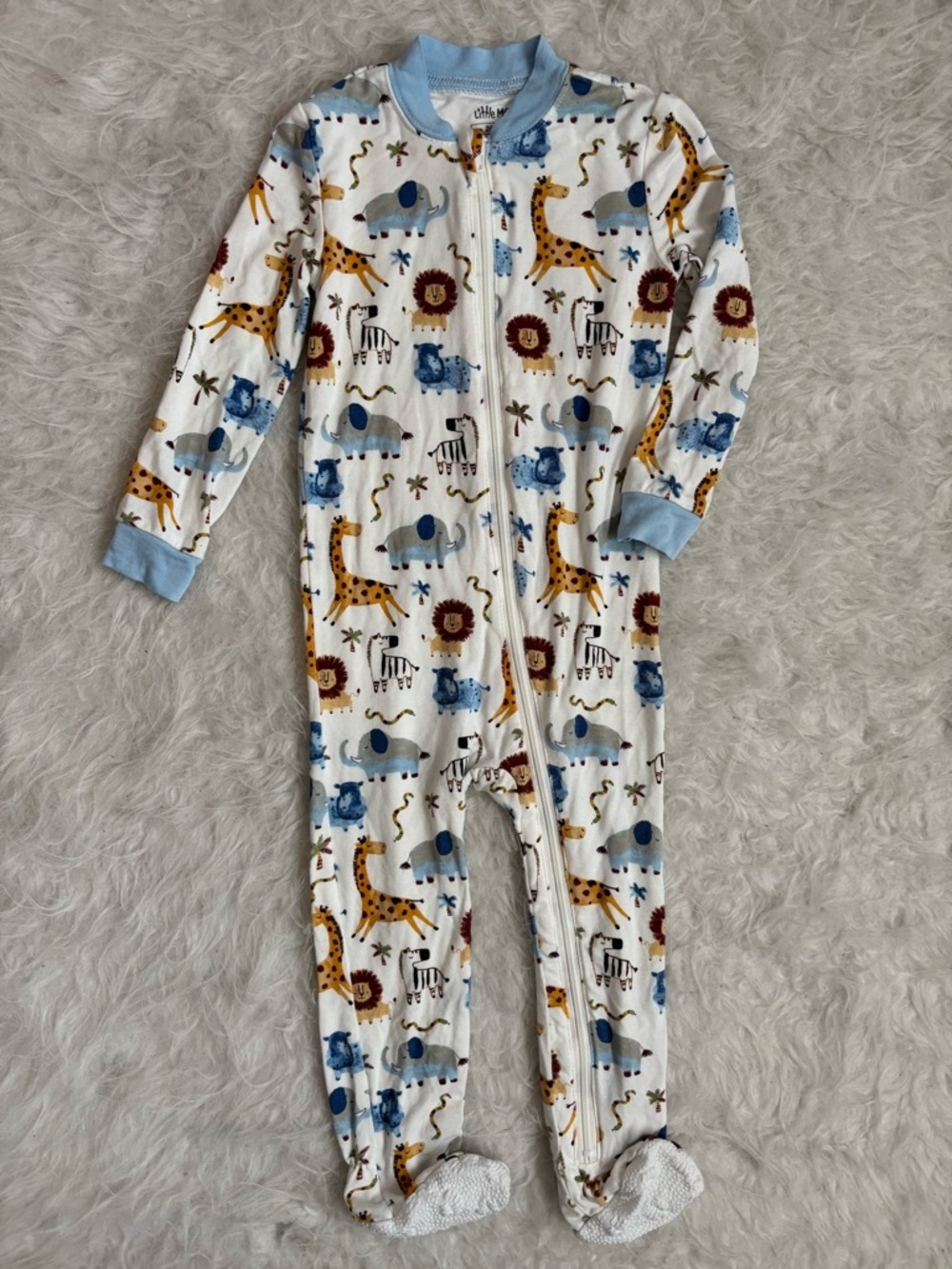 Little Me Baby white Footed Pajamas with Colorful Safari Animal AOP